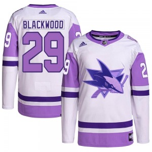 Mackenzie Blackwood San Jose Sharks Adidas Authentic Hockey Fights Cancer Primegreen Jersey (White/Purple)