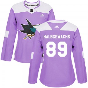 Jayden Halbgewachs San Jose Sharks Adidas Women's Authentic Hockey Fights Cancer Jersey (Purple)