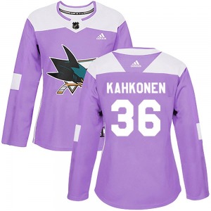 Kaapo Kahkonen San Jose Sharks Adidas Women's Authentic Hockey Fights Cancer Jersey (Purple)