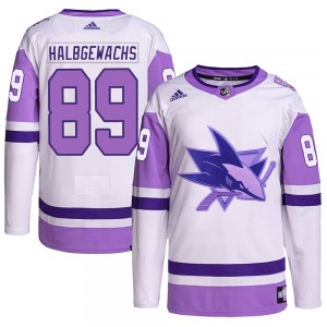 Jayden Halbgewachs San Jose Sharks Adidas Youth Authentic Hockey Fights Cancer Primegreen Jersey (White/Purple)