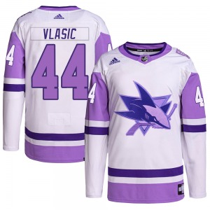 Marc-Edouard Vlasic San Jose Sharks Adidas Youth Authentic Hockey Fights Cancer Primegreen Jersey (White/Purple)