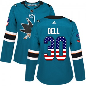 Aaron Dell San Jose Sharks Adidas Women's Authentic Teal USA Flag Fashion Jersey (Green)