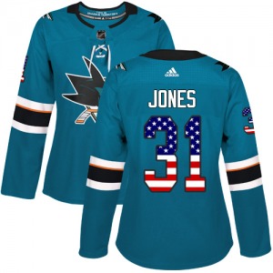 Martin Jones San Jose Sharks Adidas Women's Authentic Teal USA Flag Fashion Jersey (Green)